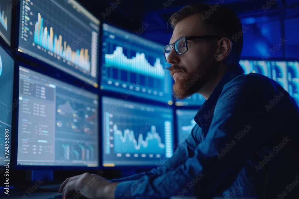 Poster a male model as a digital marketer analyzing data on multiple screens