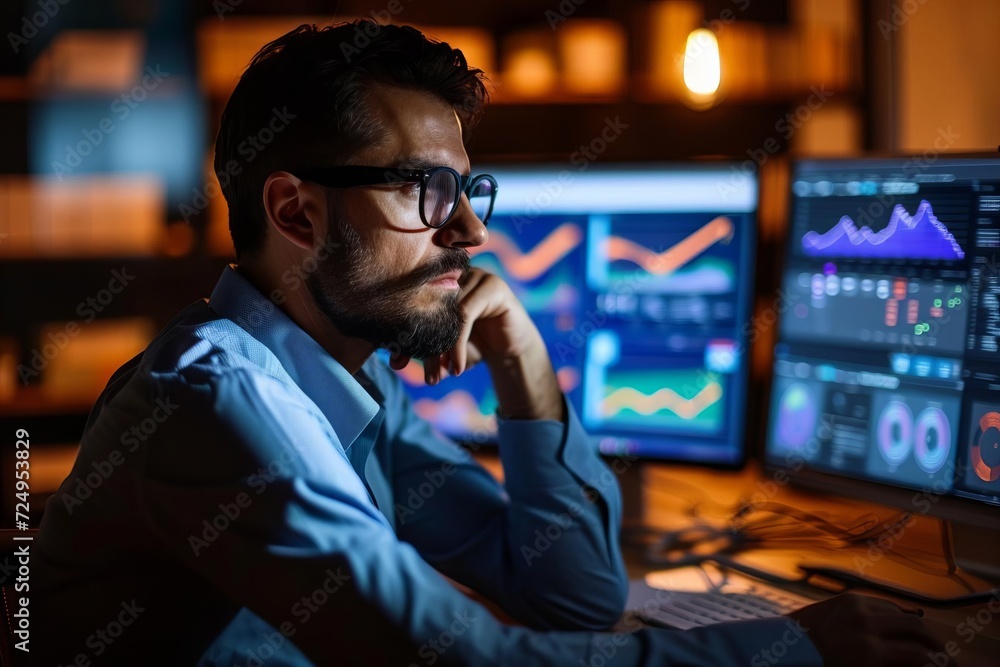 Poster a male model as a digital marketer analyzing data on multiple screens