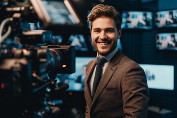 A male model as a broadcast journalist reporting live from a major news event