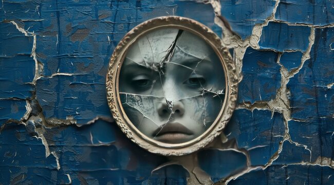 A mirror in form of a human face in a frame