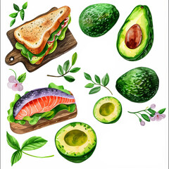 watercolor avocados on a white background.