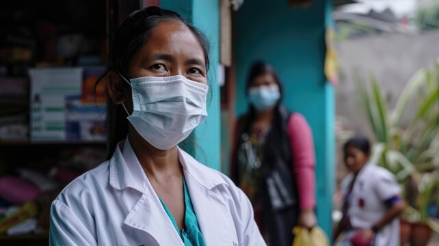 Focused woman in a face mask, with a blurred world map in background
