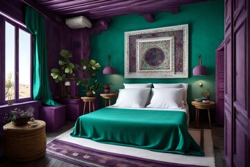 Bedroom in Mykonos, all front wall plum with a canvas in the middle, jade decoration