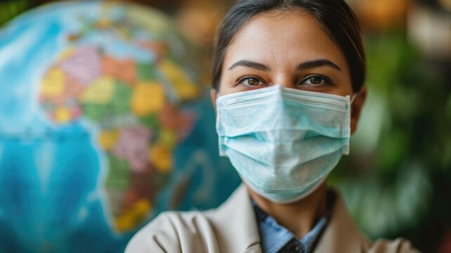 Focused woman in a face mask, with a blurred world map in background