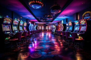  Immerse yourself in the heart of a bustling casino floor, where a multitude of slot machines stand side by side, each one enticing with its unique theme and the exhilarating promise of a big win - obrazy, fototapety, plakaty