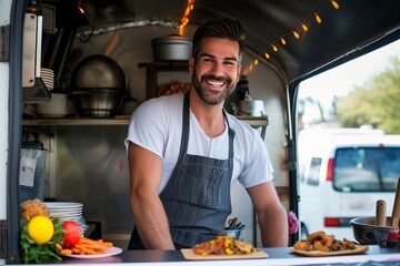 Male model as a chef in a food truck serving gourmet street food