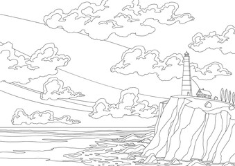 Lighthouse sea landscape in coloring style. Nautical navigation tower on rocky coast under cloudy sky. Ocean beach with beacon and building on cliff.  flat cartoon illustration of seascape