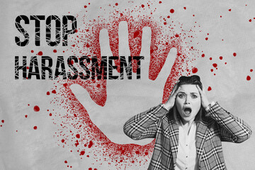 Photo collage banner poster young scared panic stressed woman touch head stop harassment women...