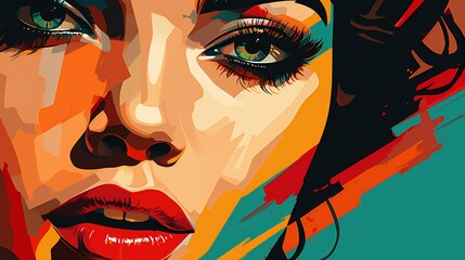 Pop art-inspired portrayal of a woman's face, using vibrant colors and bold shapes to convey resilience in mental health recovery