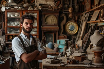 Fototapeta na wymiar Male model as an antique restorer in a workshop full of curiosities