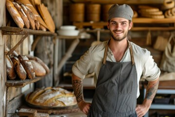 Male model as an artisan baker in a rustic countryside bakery