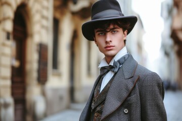 Male model posing in vintage fashion on a historic street