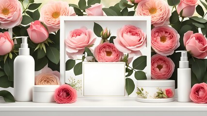 bouquet of tulips, environment for product showcase presentation, mock up design, beauty products, roses flowers, 3D podium, minimal environment background.