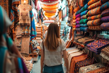 Obraz na płótnie Canvas Woman exploring an exotic bazaar with vibrant textiles and spices