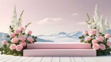bouquet of tulips, environment for product showcase presentation, mock up design, beauty products, roses flowers, 3D podium, minimal environment background.