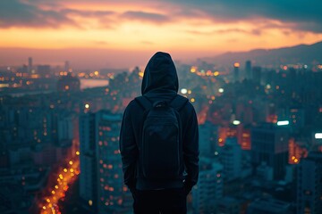 Fototapeta na wymiar Young urban explorer standing atop a skyscraper overlooking the city at dusk