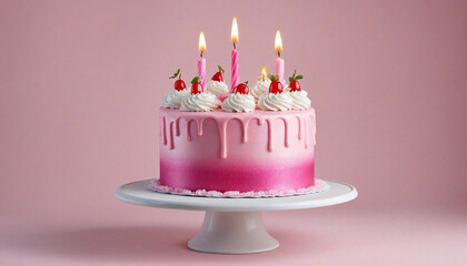 Delightful pink birthday cake, blurry background