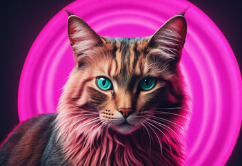 Cat on tropical neon background. Pop art style portrait
