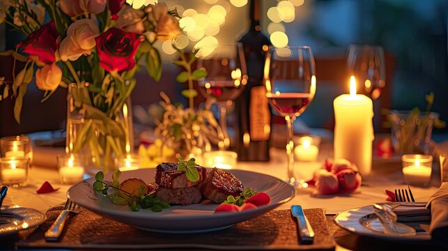 Romantic Dinner for Two. Mood for romance with an image of an intimate dinner setting, featuring candlelight, flowers, and a delectable meal.