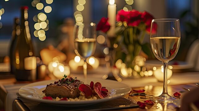Romantic Dinner for Two. Mood for romance with an image of an intimate dinner setting, featuring candlelight, flowers, and a delectable meal.