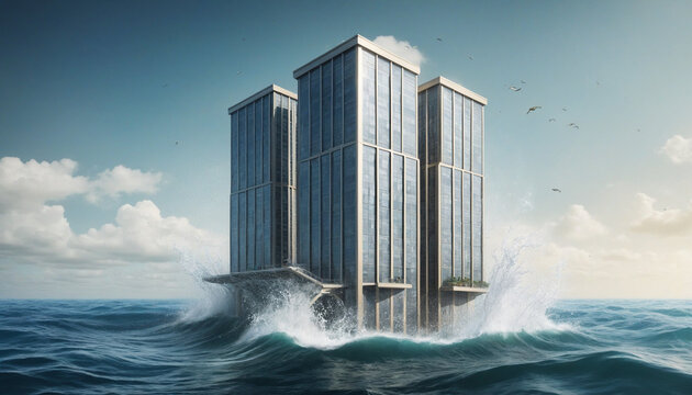 Skyscraper building sinking in middle of the ocean , real estate market crisis concept illustration