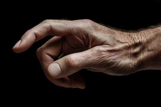 An elderly man's hand with detailed textures and prominent veins against a stark black background.