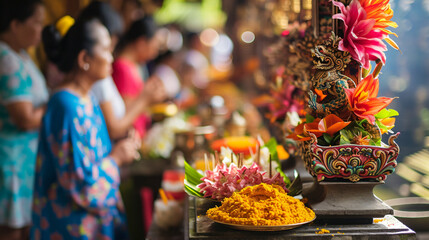 A colorful Balinese temple ceremony with ornate offerings and devout worshippers.