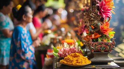 Foto op Canvas A colorful Balinese temple ceremony with ornate offerings and devout worshippers. © Lans