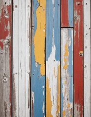 Texture of vintage wood boards with cracked paint of white, red, yellow and blue color. Horizontal retro background with wooden planks of different colors