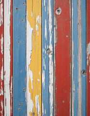 Texture of vintage wood boards with cracked paint of white, red, yellow and blue color. Horizontal retro background with wooden planks of different colors