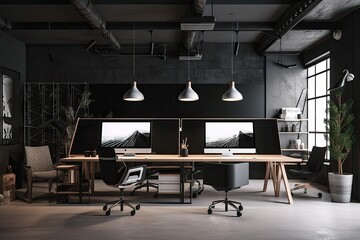 Abstract coworking office interior on black background with wooden furniture, computer monitors,...