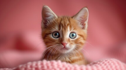  a small orange kitten with blue eyes sitting on a pink blanket with a pink blanket on it's back and a pink blanket behind it, with a pink background.