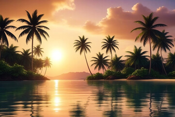 Fototapeta na wymiar Tropical natural landscape with coconut palm trees at sunset backdrop, amazing tropic scenery. Fantastic sunrise for vacation design. Concept of summer vacation and travel holiday. Copy ad text space