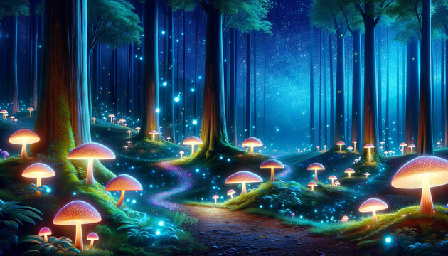 In the magical forest, bioluminescent mushrooms and fireflies glow, creating a magical atmosphere under the starry night sky. Fairytale forest concept. AI generated.