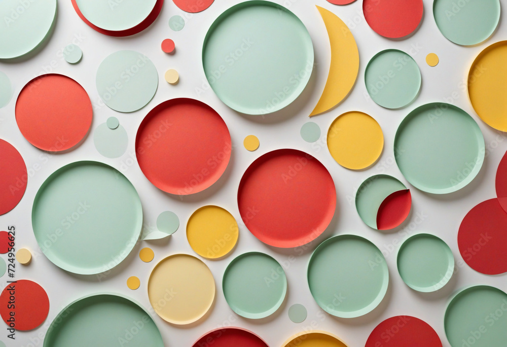 Poster abstract color paper background. pastel green, yelllow and red color round circle shape geometry com