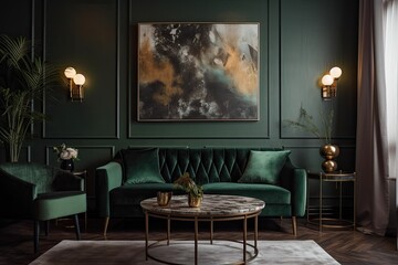 The living room of the apartment is elegantly furnished with a sofa and armchair upholstered in green velvet, a brwon table, a design lamp, and fashionable accessories. The gray wall has abstract pain