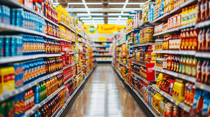 A colorful grocery store aisle packed with a variety of products and brands. - obrazy, fototapety, plakaty