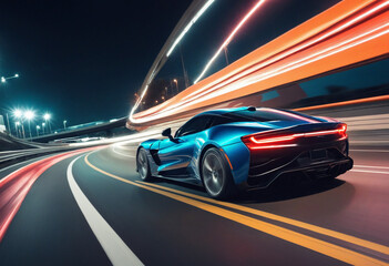 Obraz premium Car silhouette with motion blur effect. Futuristic sports car at night road with light effects. Supercar acceleration at night track with colored light trails. Created with 