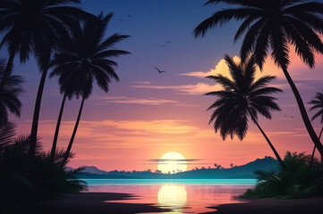 Fototapeta na wymiar Tropical natural landscape with palm trees at sunset background, amazing tropic scenery, dark sky. Concept of summer vacation and travel holiday. Fantastic sunrise for vacation design. Copy text space