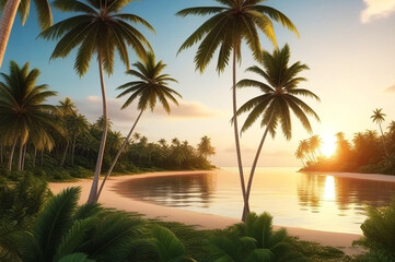 Fototapeta na wymiar Tropical natural landscape with coconut palm trees at sunset backdrop, amazing tropic scenery. Concept of summer vacation and travel holiday. Fantastic sunrise for vacation design. Copy ad text space