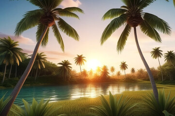 Tropical natural landscape with coconut palm trees at sunset backdrop, amazing tropic scenery. Concept of summer vacation and travel holiday. Fantastic sunrise for vacation design. Copy ad text space