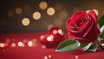 Valentines day background with red rose and bokeh lights.