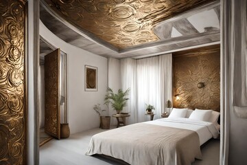 Bedroom in Mykonos, all front wall bronze with a canvas in the middle, silver decoration