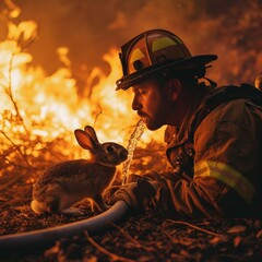 A brave firefighter quenches his thirst amidst the chaos of an outdoor fire, finding respite and strength in an unlikely companion - a rabbit - obrazy, fototapety, plakaty