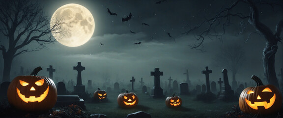 Glowing evil pumpkins in a spooky night with fog under the moonlight, in a graveyard. Halloween banner background - Generative AI