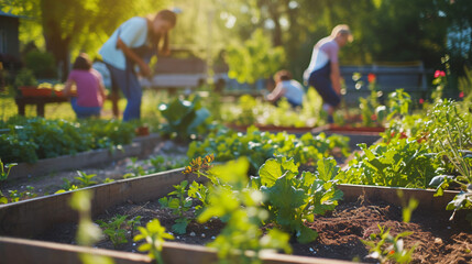 A community garden with people planting watering and tending to plants. - obrazy, fototapety, plakaty