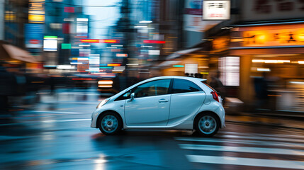 Fototapeta na wymiar A compact city car maneuvering through narrow bustling streets.