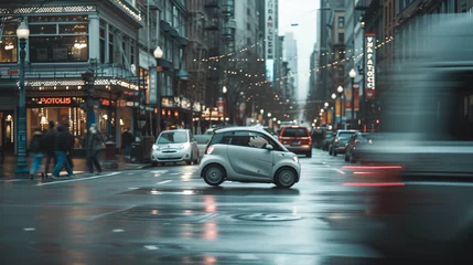 Foto op Plexiglas A compact city car maneuvering through narrow bustling streets. © Lans