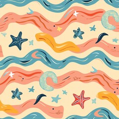 Fototapeta na wymiar Seamless Pattern With Seashells And Starfishes