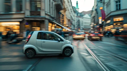 Keuken spatwand met foto A compact city car maneuvering through narrow bustling streets. © Lans